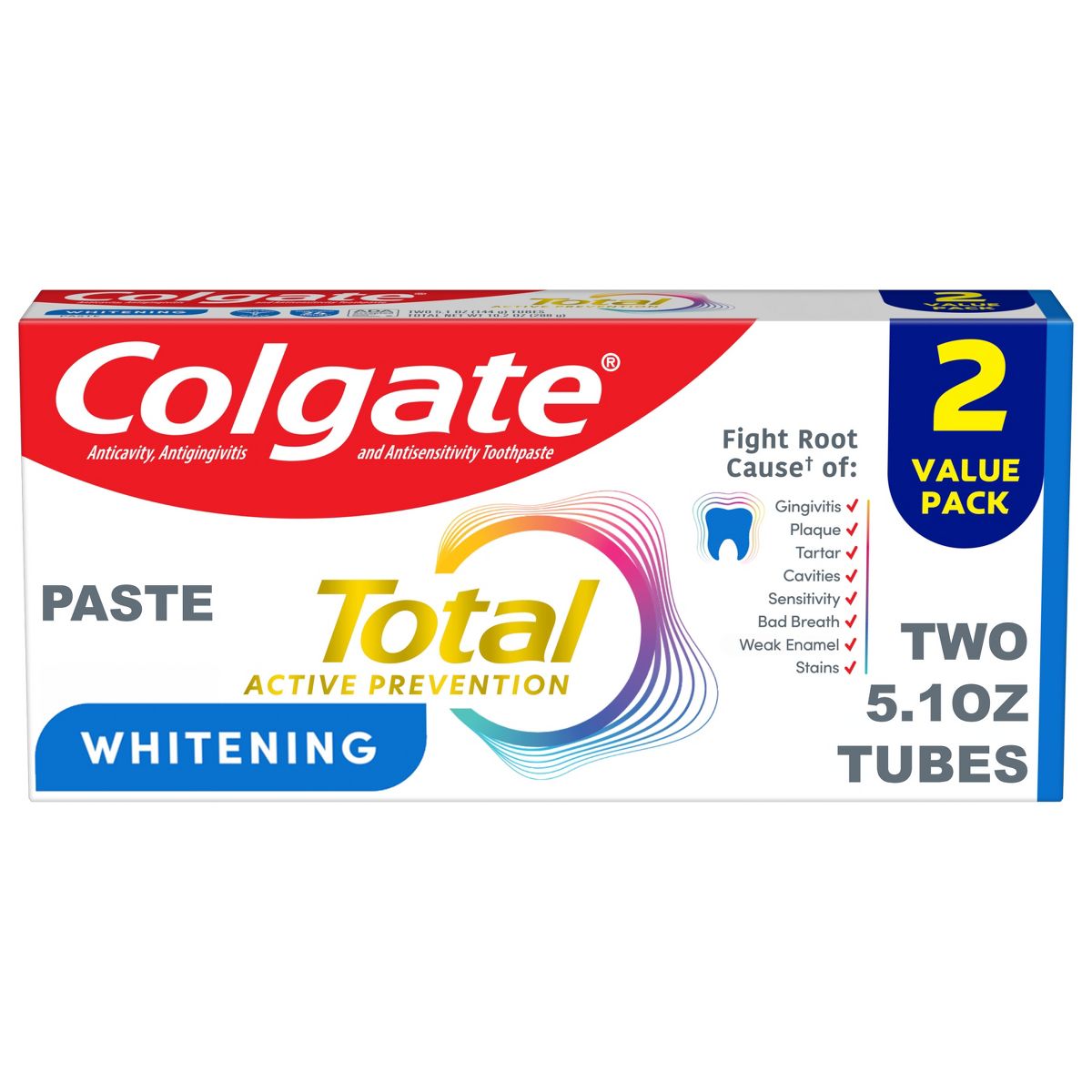 Colgate Total Active Prevention Tarter Control Fluoride Whitening Toothpaste - Mint - 5.1oz/2pk