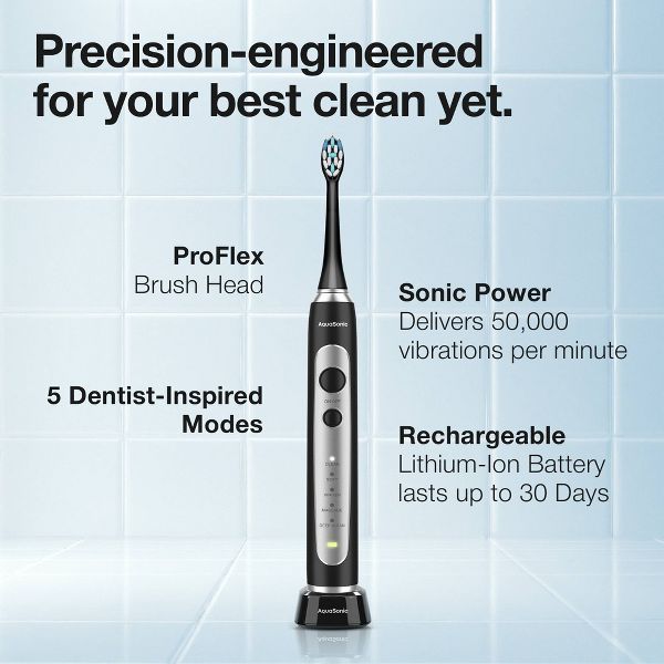 Aquasonic Precision Rechargeable Electric Toothbrush AS-PREC-TB with Timer Multiple Brush Modes 4 Brush Heads and Travel Case - Black