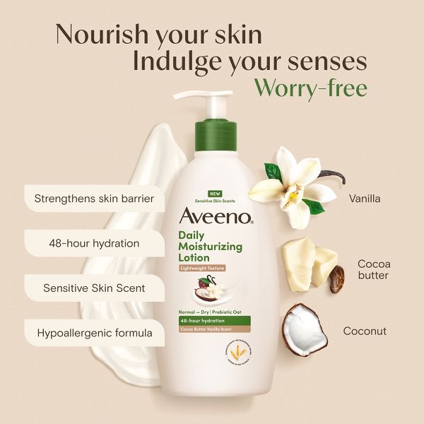 Aveeno Daily Moisturizing Lotion with Soothing Prebiotic Oat for Sensitive Skin -Hypoallergenic- Cocoa Butter Vanilla Scent - 18 fl oz