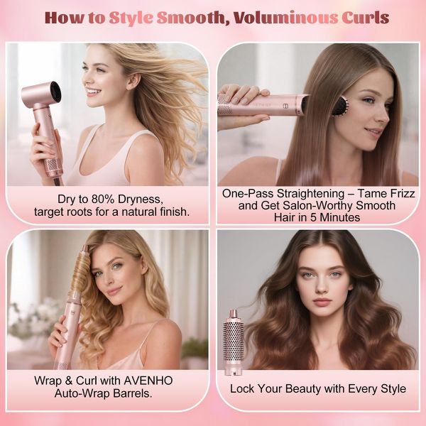 5 in 1 Hair Styler for Woman,Air Curling Wrap,Drying,Curling,Straightening & Volumizing,Hot Air Curler Dryer Brush Tool Set,Curl Styling Tools-Pink