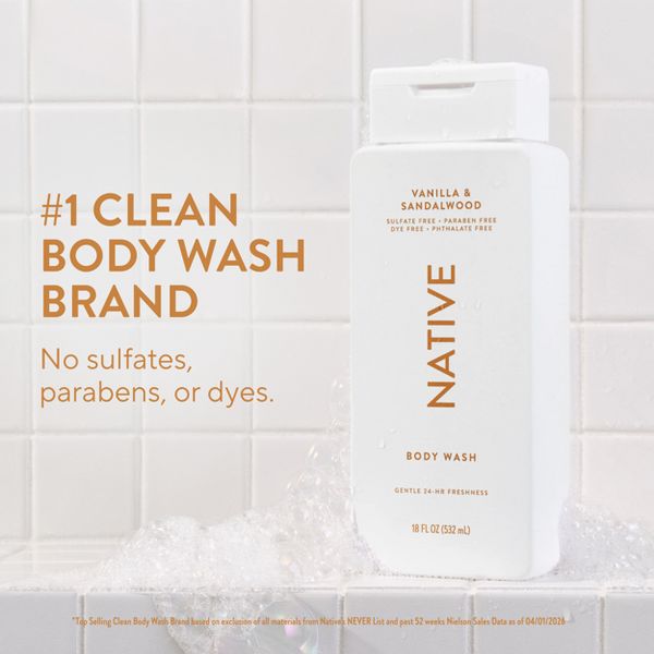 Native Body Wash for Men & Women - Vanilla & Sandalwood - Sulfate Free - 18 fl oz