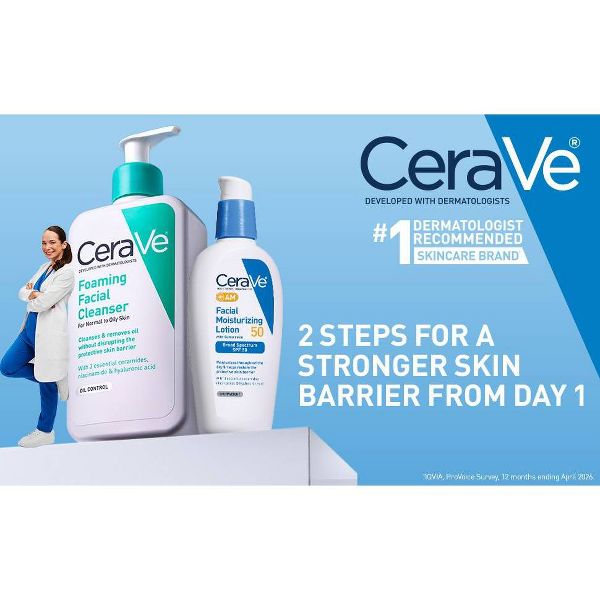 CeraVe 8 fl oz Foaming Face Wash with Hyaluronic Acid and Niacinamide for Oily Skin + 3 fl oz Facial Moisturizing Lotion AM SPF50