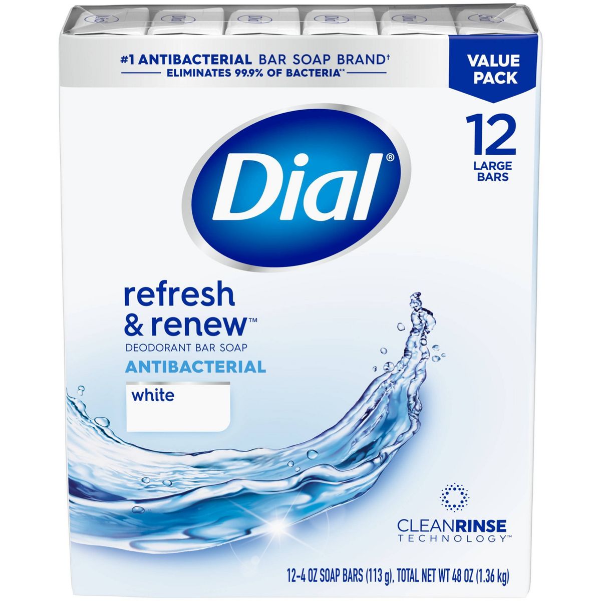 Dial Refresh & Renew White Deodorant Antibacterial Bar Soap - 4oz/12pk