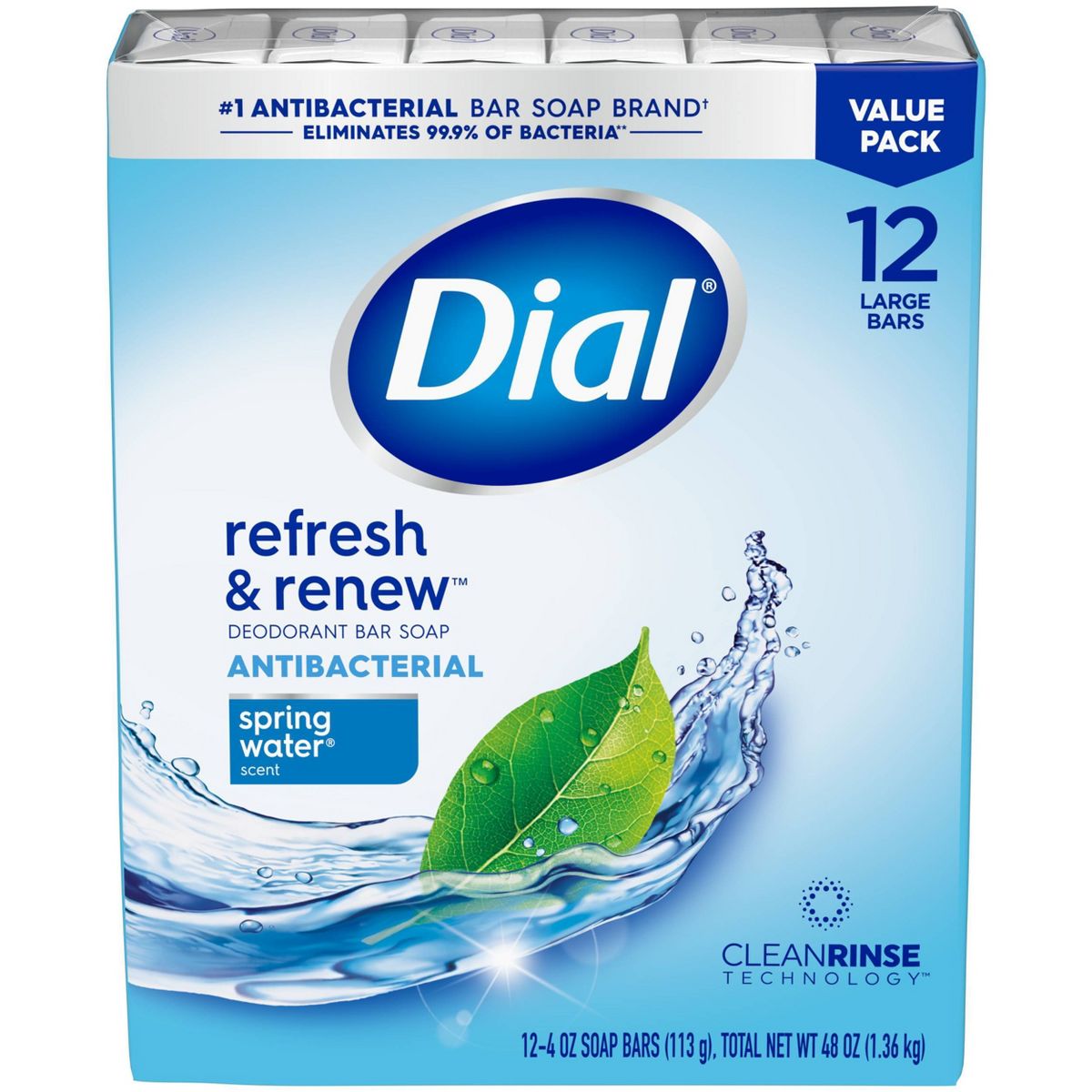 Dial Refresh & Renew Spring Water Antibacterial Bar Soap - 4oz/12pk