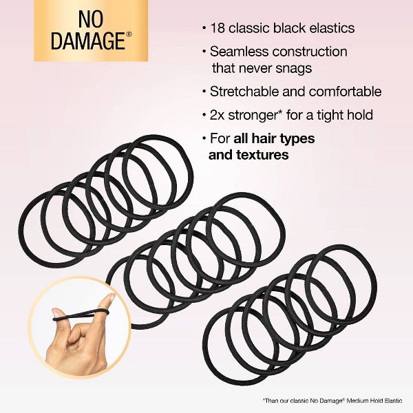 scünci No Damage 2X Stronger Elastic Hair Ties - Black - All Hair - 4mm - 18pcs