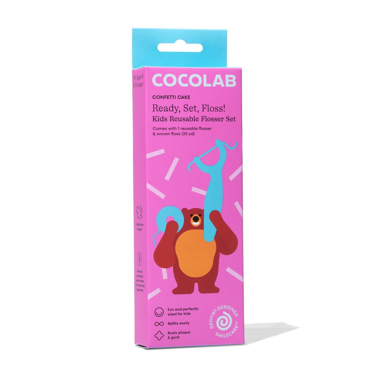 Cocolab Ready, Set, Floss! Kids' Reusable Flosser Set with Cocofloss Woven Expanding Dental Floss in Confetti Cake