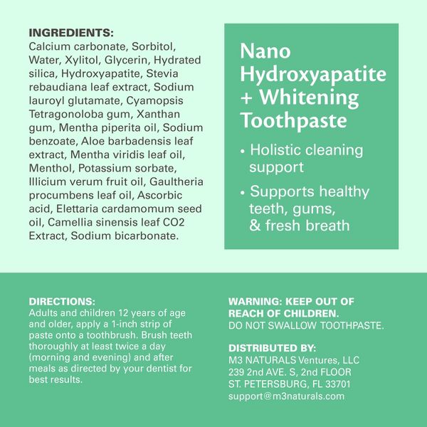 Nano Hydroxyapatite Flouride-Free Whitening Toothpaste + Calcium, Non-GMO, Vegan, Paraben Free, Mint Toothpaste, M3, 4.23 oz