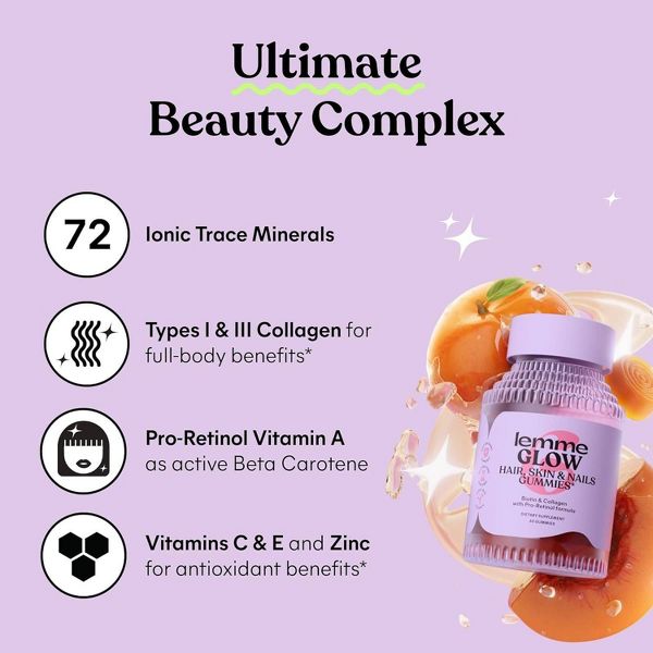 Lemme Glow Collagen Gummies - Hair, Skin & Nail Support - Biotin, Collagen, Trace Minerals & Vitamins - Peach Flavored - 60ct