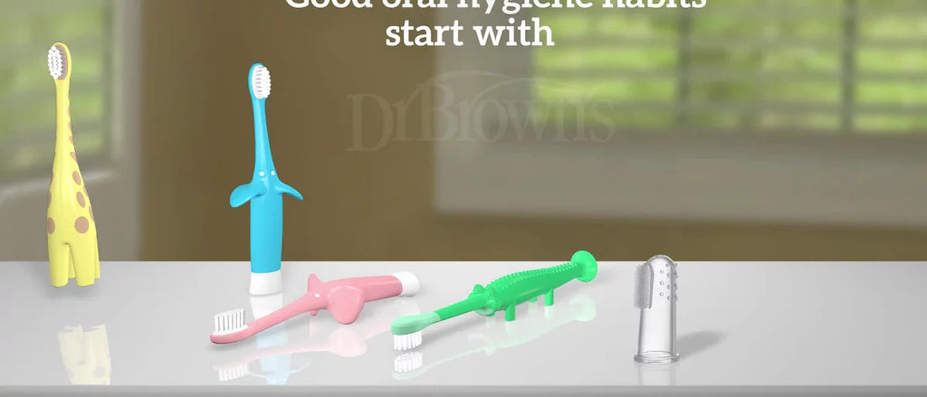 Dr. Brown's Infant-to-Toddler Training Toothbrush & Fluoride-Free Baby Toothpaste Pear & Apple Flavor - 0-3 years - Pink Elephant