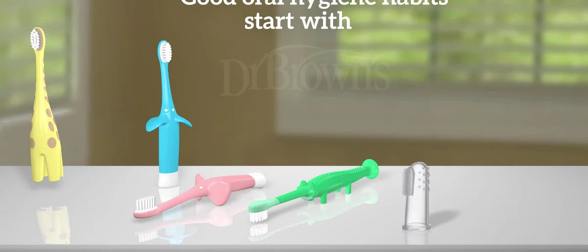 Dr. Brown's Infant-to-Toddler Training Toothbrush & Fluoride-Free Baby Toothpaste Pear & Apple Flavor - 0-3 years - Pink Elephant