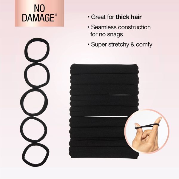 scünci No Damage Super Comfy Hosiery Elastic Hair Tie Ponytailers - Black - Thick Hair - 10pcs