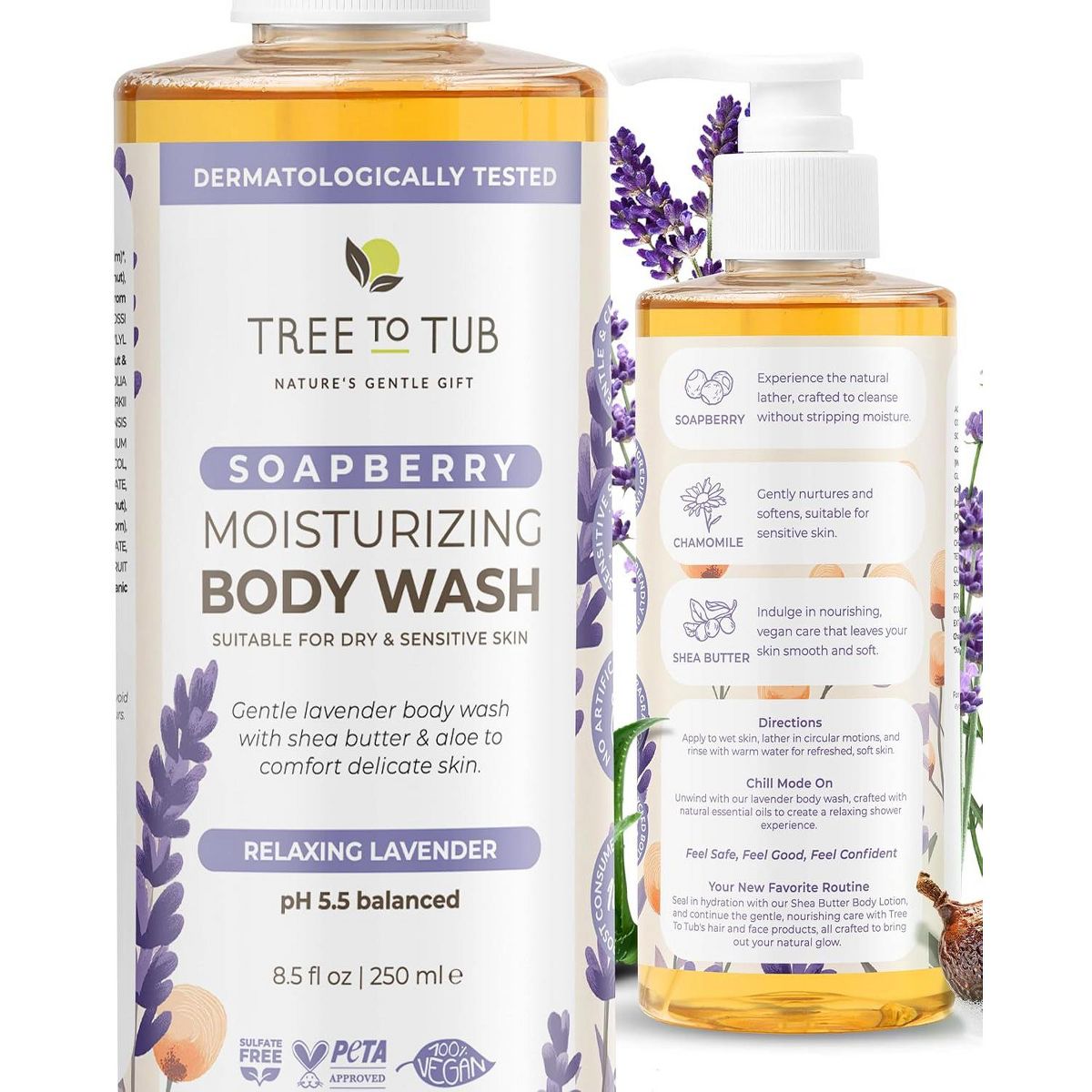 Tree To Tub Lavender Body Wash for Sensitive Skin & Dry Skin - ph-Balanced Moisturizing Body Wash, Sulfate Free Vegan Body Soap for Women & Men
