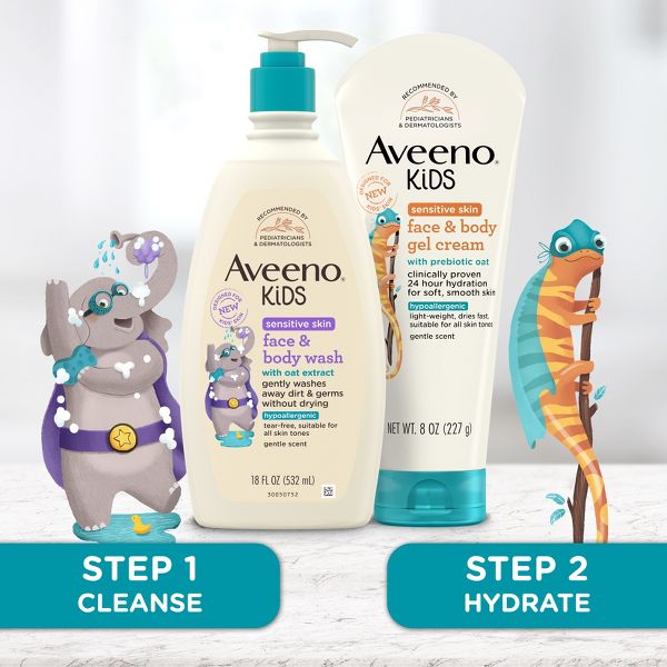 Aveeno Kids Sensitive Skin Face & Body Gel Cream, Clinically Proven 24 Hour Hydration, Lightweight - 8oz