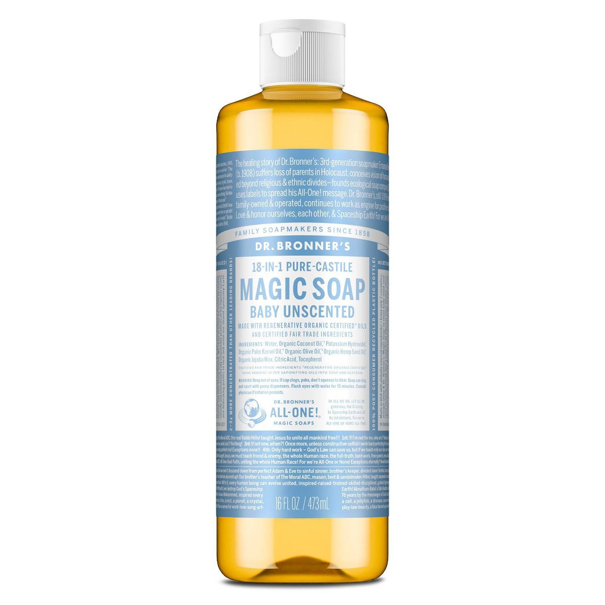 Dr. Bronner's Magic Pure Castile Liquid Soap Bodywash - Baby Unscented - 16 fl oz