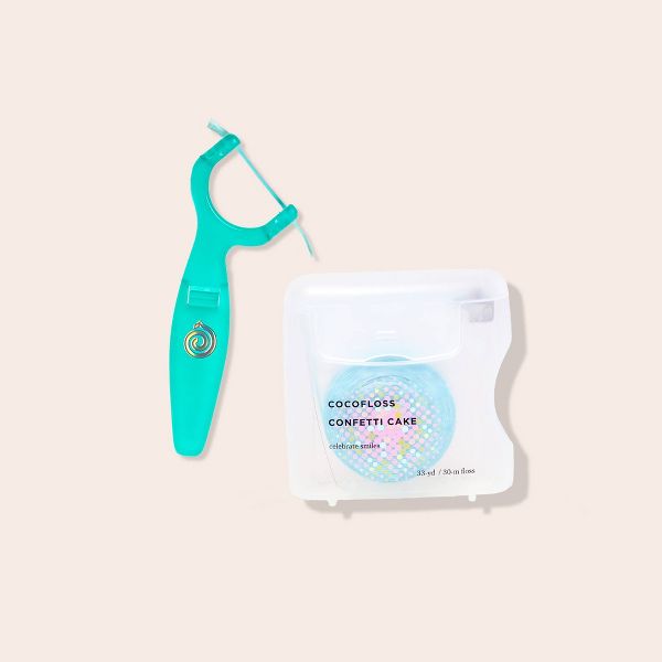Cocolab Ready, Set, Floss! Kids' Reusable Flosser Set with Cocofloss Woven Expanding Dental Floss in Confetti Cake