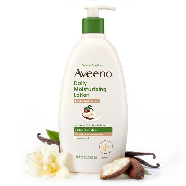 Aveeno Daily Moisturizing Lotion with Soothing Prebiotic Oat for Sensitive Skin -Hypoallergenic- Cocoa Butter Vanilla Scent - 18 fl oz