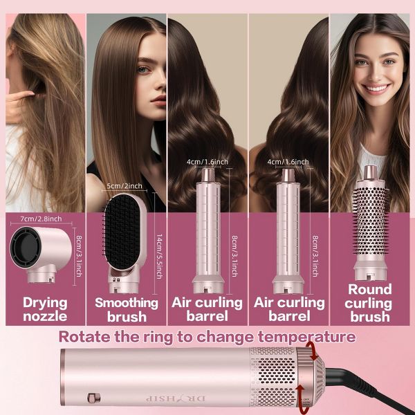 5 in 1 Hair Styler for Woman,Air Curling Wrap,Drying,Curling,Straightening & Volumizing,Hot Air Curler Dryer Brush Tool Set,Curl Styling Tools-Pink
