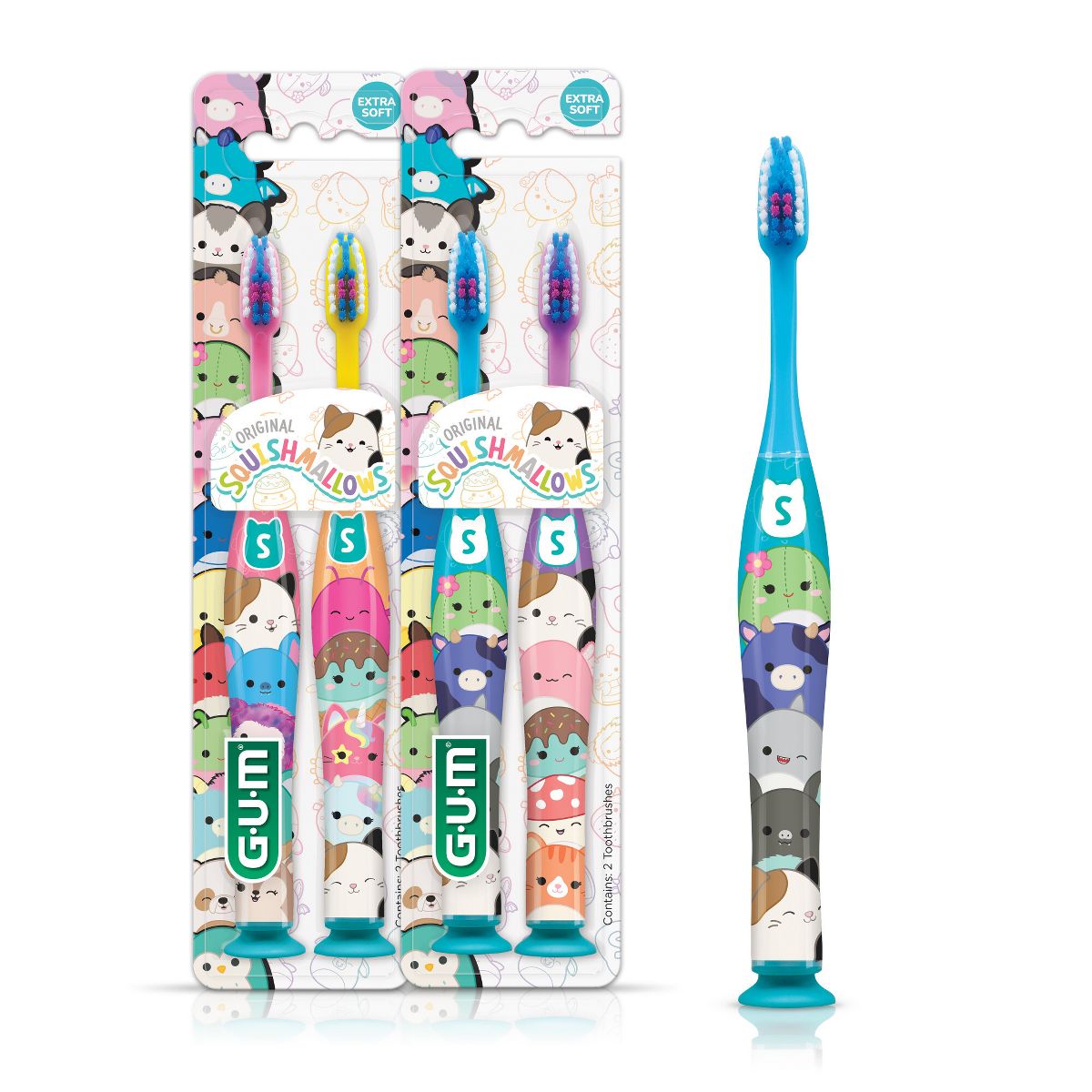 GUM Squishmallows Kids Toothbrush with Suction Cup Base and Compact Head - Soft - 2ct