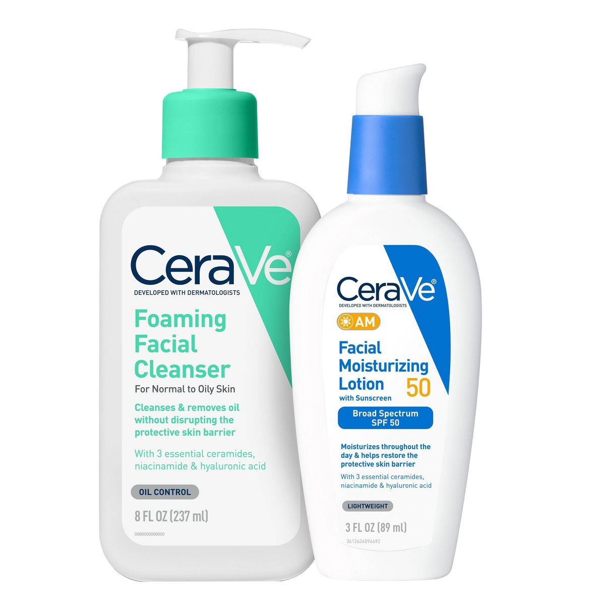 CeraVe 8 fl oz Foaming Face Wash with Hyaluronic Acid and Niacinamide for Oily Skin + 3 fl oz Facial Moisturizing Lotion AM SPF50