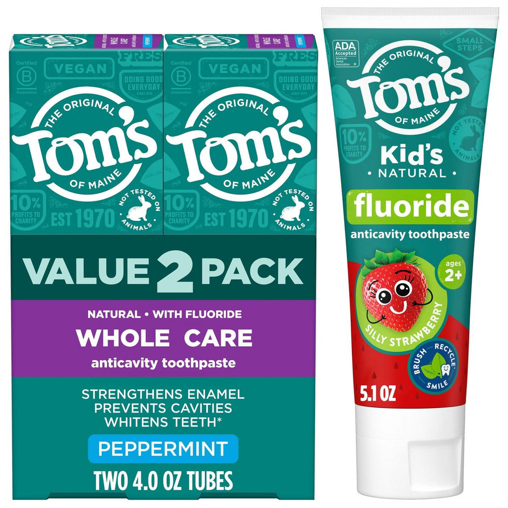 Tom's of Maine Kids' 2 Pack/4oz Whole Care Peppermint Toothpaste + 5.1oz Strawberry Anticavity Fluoride Toothpaste