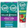 Tom's of Maine Kids' 2 Pack/4oz Whole Care Peppermint Toothpaste + 5.1oz Strawberry Anticavity Fluoride Toothpaste