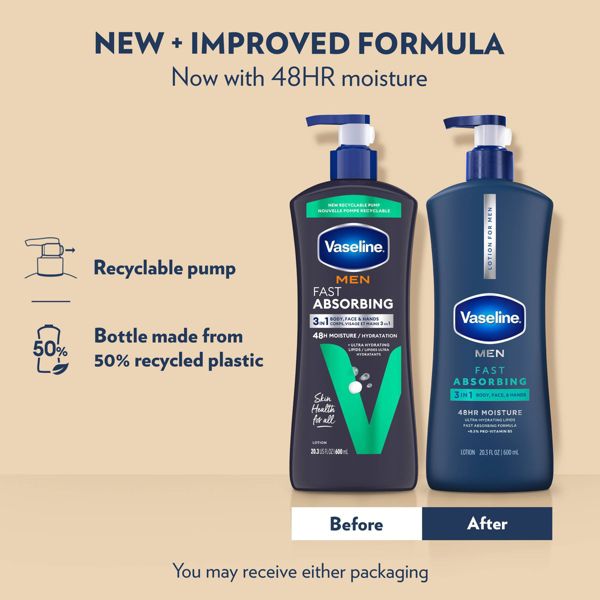 Vaseline Men Fast Absorbing Moisture 3-in-1 Body, Face & Hands Pump Lotion Scented - 20.3 fl oz