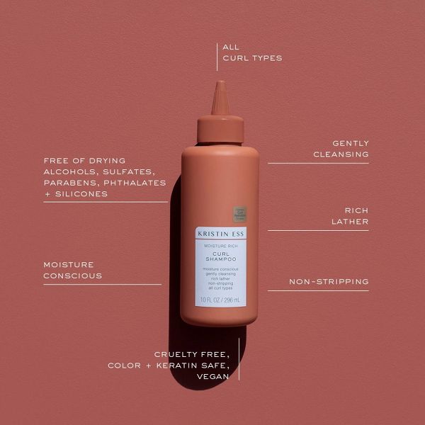 Kristin Ess Moisture Rich Curl Shampoo for All Curls 2A-4C Curly + Wavy + Frizzy Hair - Sulfate, Paraben + Silicone Free - 10 fl oz