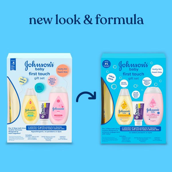 Johnson's First Touch Baby Gift Set Includes Baby Bath Wash & Shampoo, Body Lotion, & Diaper Rash Cream - 3ct
