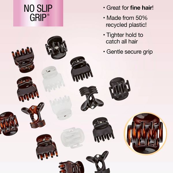 scünci No-Slip Grip Recycled Mini Claw Clips - Mixed Finish - Black/Brown/Clear - Fine Hair - 15pcs