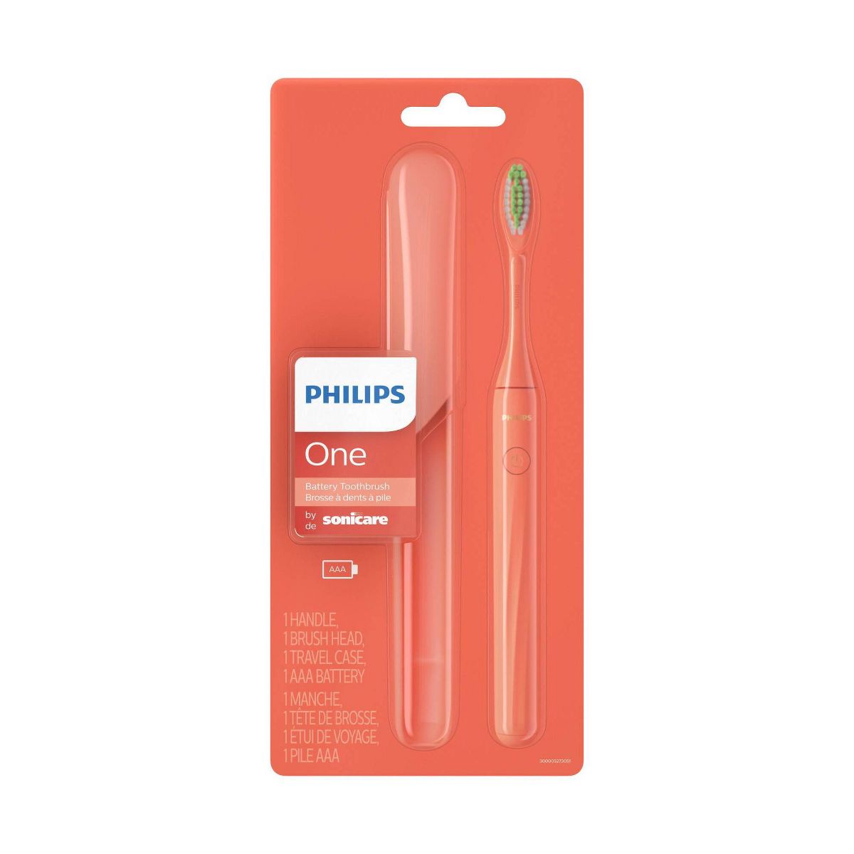 Philips One by Sonicare Battery Electric Toothbrush Model HY1100/01 with Travel Case and Brush Head - Coral