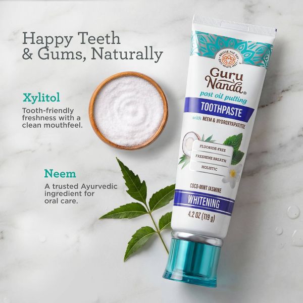 GuruNanda Fluoride-Free Coconut Oil,Neem, Mint and Jasmine Whitening Toothpaste with Hydroxyapatite - 4.2oz