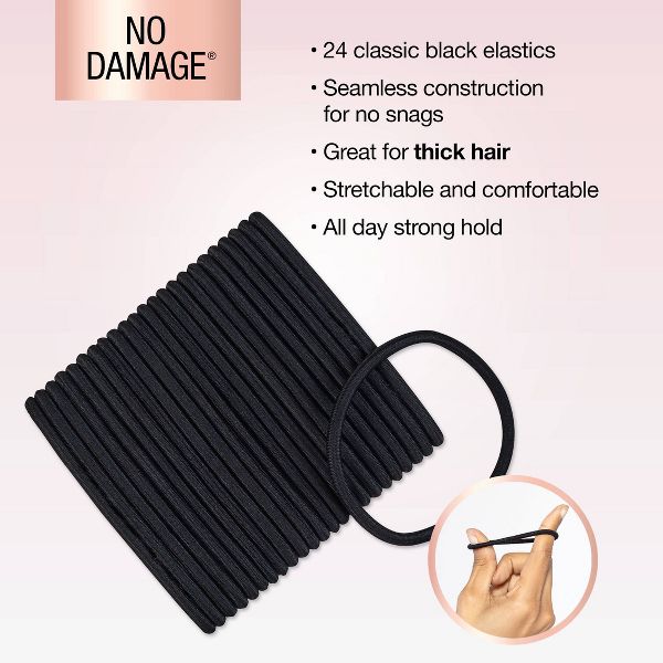 scünci No Damage Elastic Hair Ties - Black - Thick Hair - 5mm - 24pcs