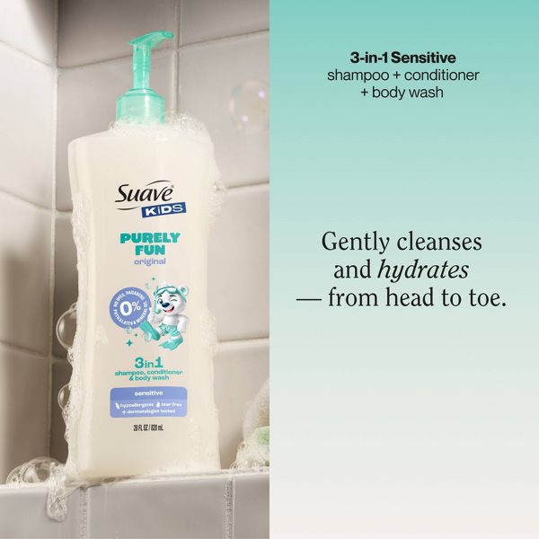 Suave Purely Fun Sensitive 3 in 1 Shampoo Conditioner Body Wash 28 fl oz