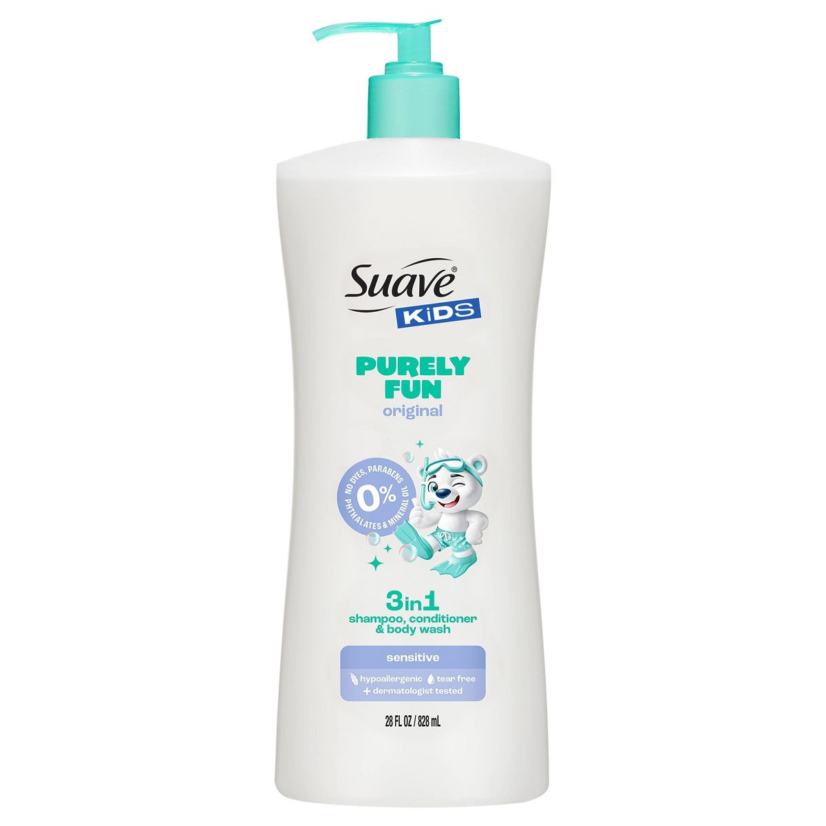 Suave Purely Fun Sensitive 3 in 1 Shampoo Conditioner Body Wash 28 fl oz