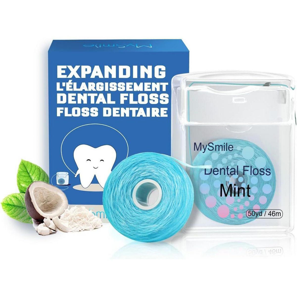 MySmile Woven Dental Floss with Coconut Oil, Effective Plaque Removal, Mint Flavor, 2* 50 Yards