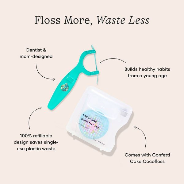Cocolab Ready, Set, Floss! Kids' Reusable Flosser Set with Cocofloss Woven Expanding Dental Floss in Confetti Cake