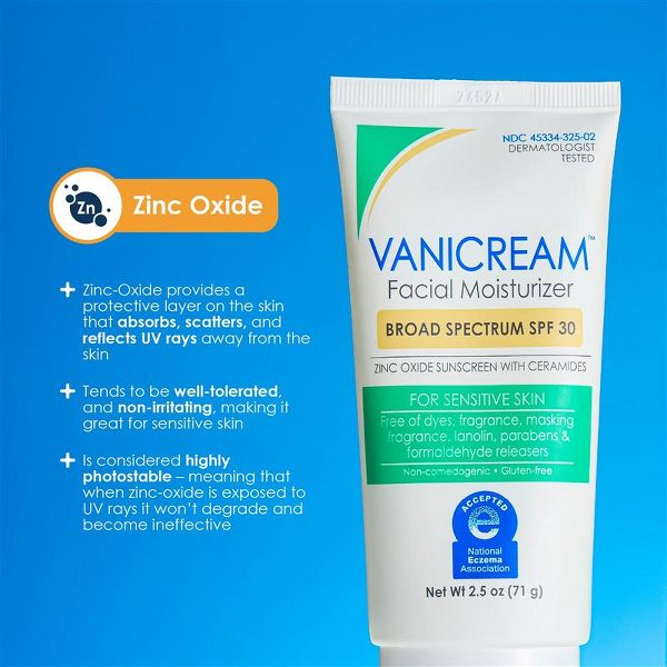 Vanicream Facial Moisturizer SPF 30 Zinc Oxide Mineral Sunscreen for Sensitive Skin - Unscented - 2.5oz