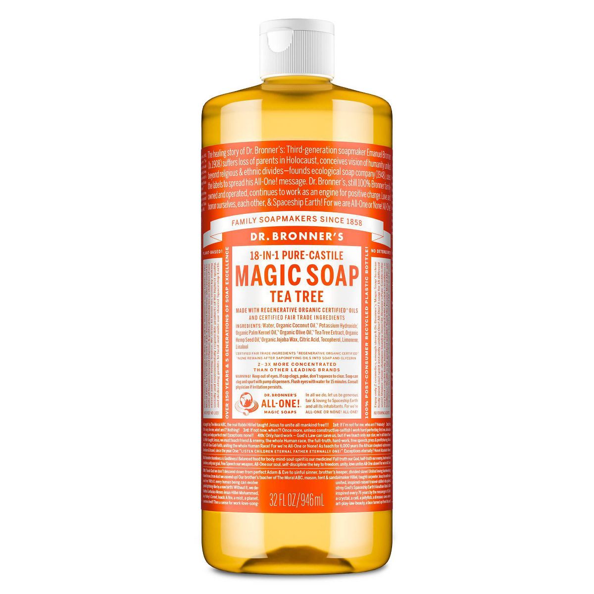 Dr. Bronner's Magic Pure Castile Liquid Soap Bodywash - Tea Tree - 32 fl oz