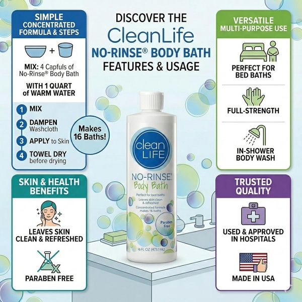 No Rinse Body Bath Wash Waterless Cleansing Body Wash for Bedridden and Travel Use 16 oz