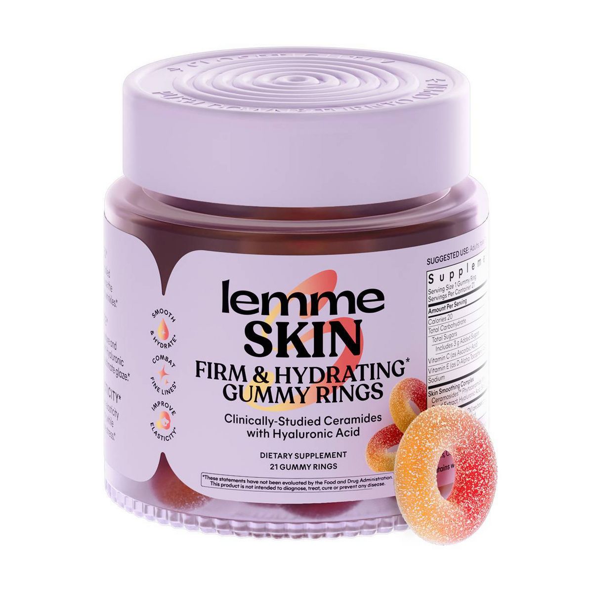 Lemme Skin Firming and Hydrating Gummy Rings - Clinically-Studied Ceramides with Hyaluronic Acid - Peach Flavored - 21ct