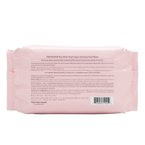 The Face Shop Rice Water Bright Vegan Cleansing Wipes - 50ct