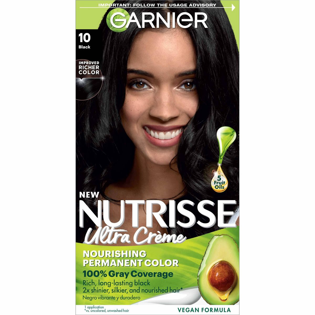 Garnier Nutrisse Nourishing Permanent Hair Color Creme - 10 Black: Vegan Formula with Argan & Coconut Oil, Includes Applicator & Gloves