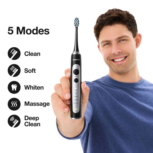 Aquasonic Precision Rechargeable Electric Toothbrush AS-PREC-TB with Timer Multiple Brush Modes 4 Brush Heads and Travel Case - Black