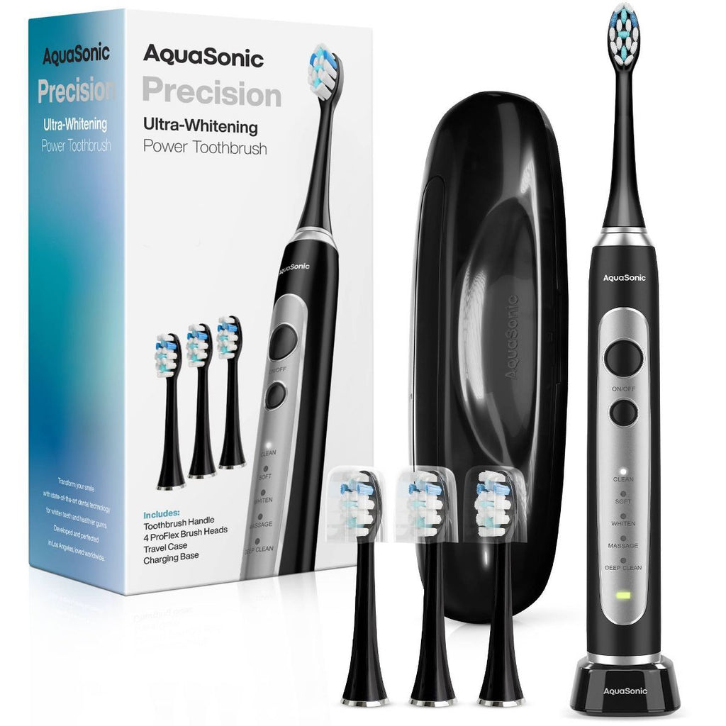 Aquasonic Precision Rechargeable Electric Toothbrush AS-PREC-TB with Timer Multiple Brush Modes 4 Brush Heads and Travel Case - Black