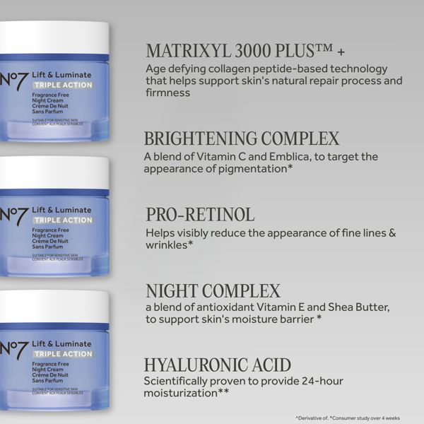 No7 Lift & Luminate Triple Action Fragrance Free Night Cream - 1.69 fl oz