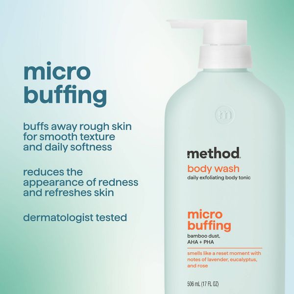 Method Micro Buffing Body Wash Tonic with Bamboo Dust, AHA and PHA - Lavender, Eucalyptus and Rose - 17 fl oz