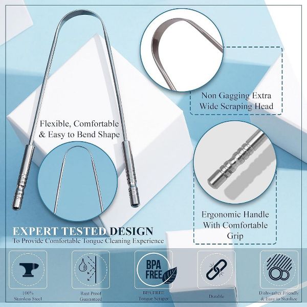 Maison Products: Tongue Scraper for Adults (2 Pack) with Travel Cases, Stainless Steel, Reduce Bad Breath, Easy to Use, Oral Care