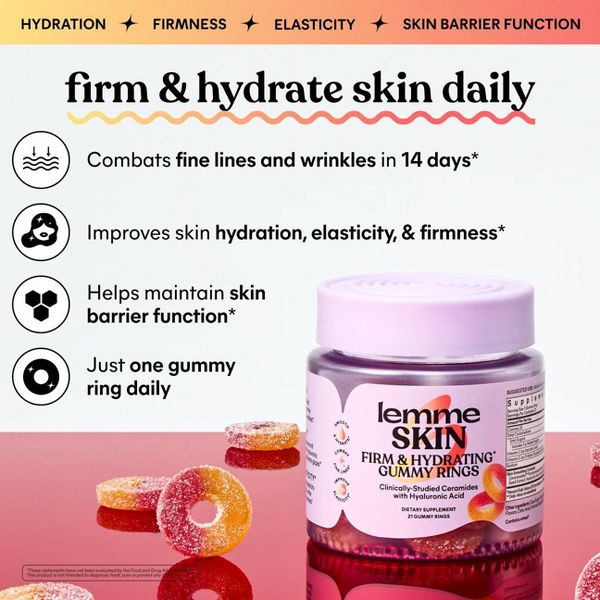 Lemme Skin Firming and Hydrating Gummy Rings - Clinically-Studied Ceramides with Hyaluronic Acid - Peach Flavored - 21ct