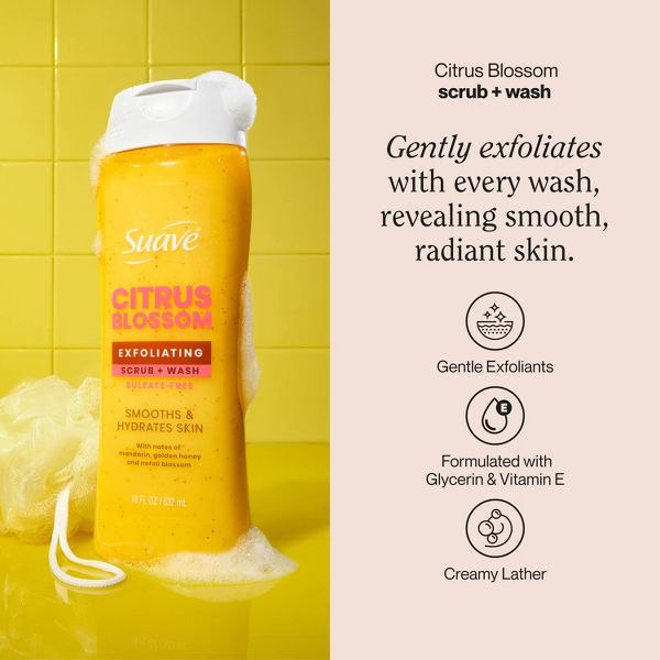 Suave Exfoliating Sulfate-Free Hydrating Body Wash and Scrub - Citrus Blossom - 18 fl oz