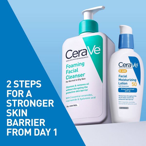CeraVe 8 fl oz Foaming Face Wash with Hyaluronic Acid and Niacinamide for Oily Skin + 3 fl oz Facial Moisturizing Lotion AM SPF50